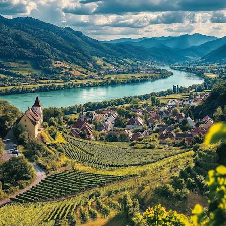 The Danube climbing into the Wachau, terraces of bare stone above the water