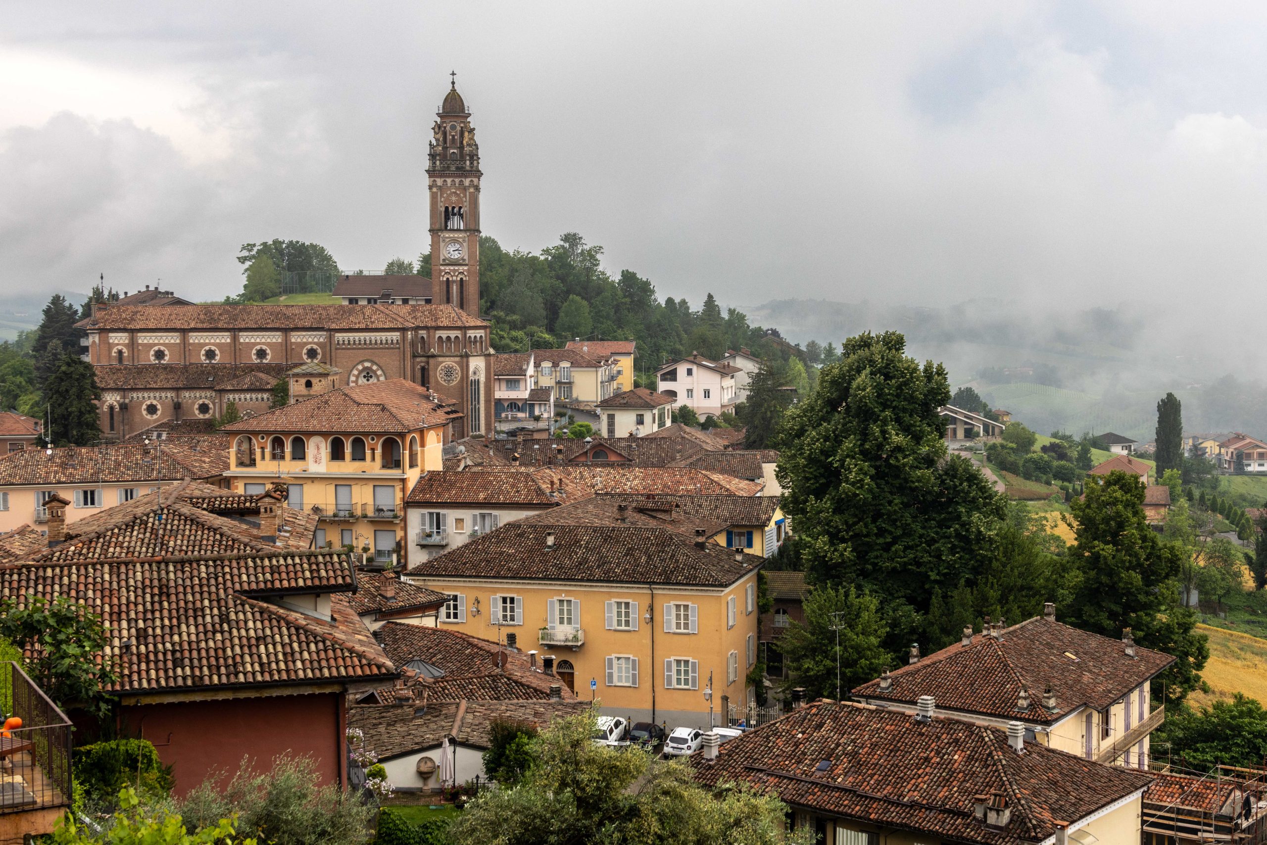 View over a Langhe village and the Barolo hills from La Morra