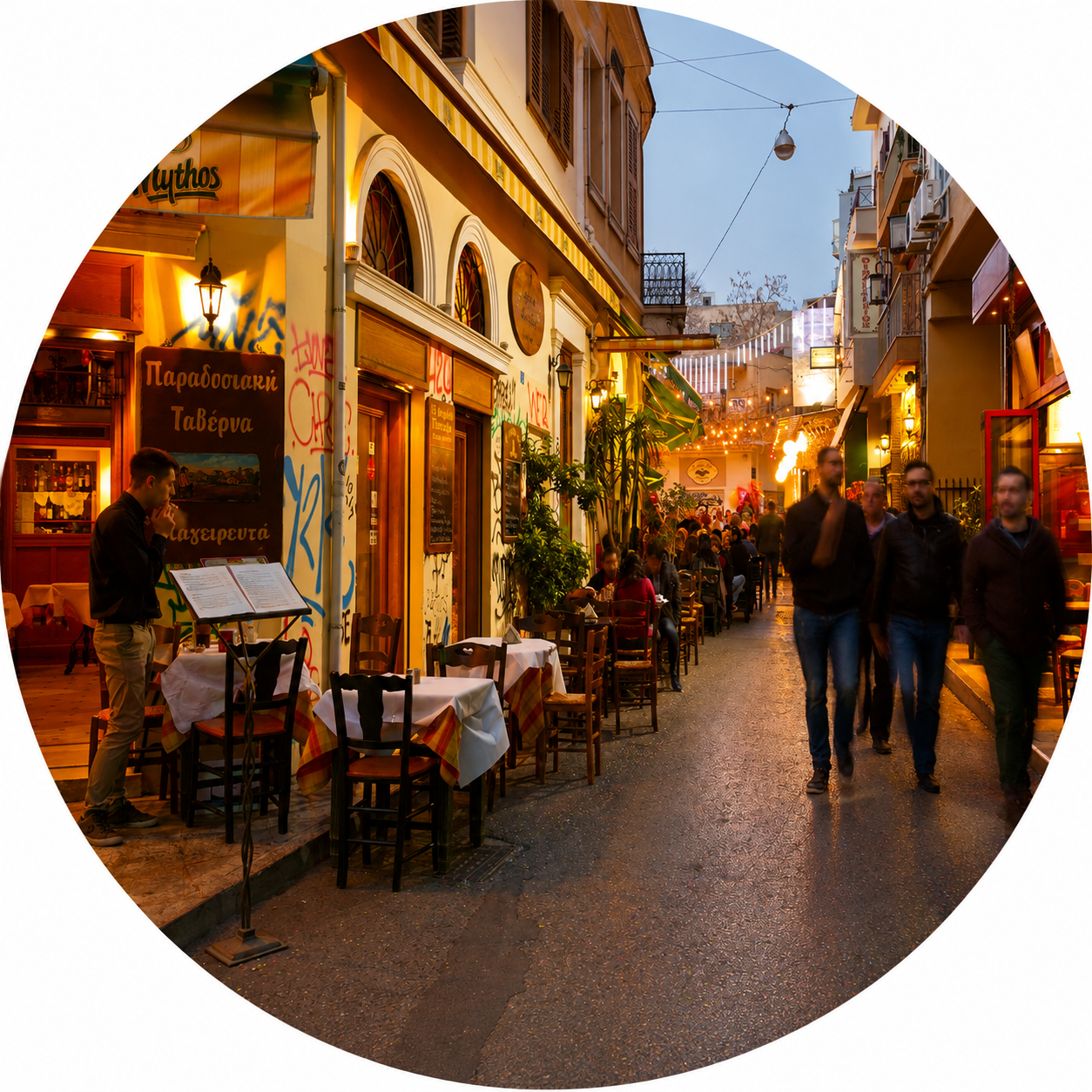 Dinner in the village, a glass of pale Liatiko and a small raki to close