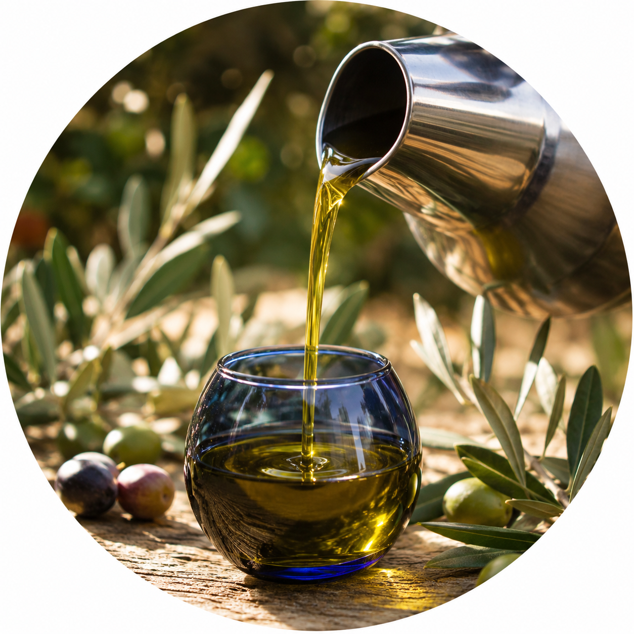 A family olive grove, tasting single-variety oil straight from the press