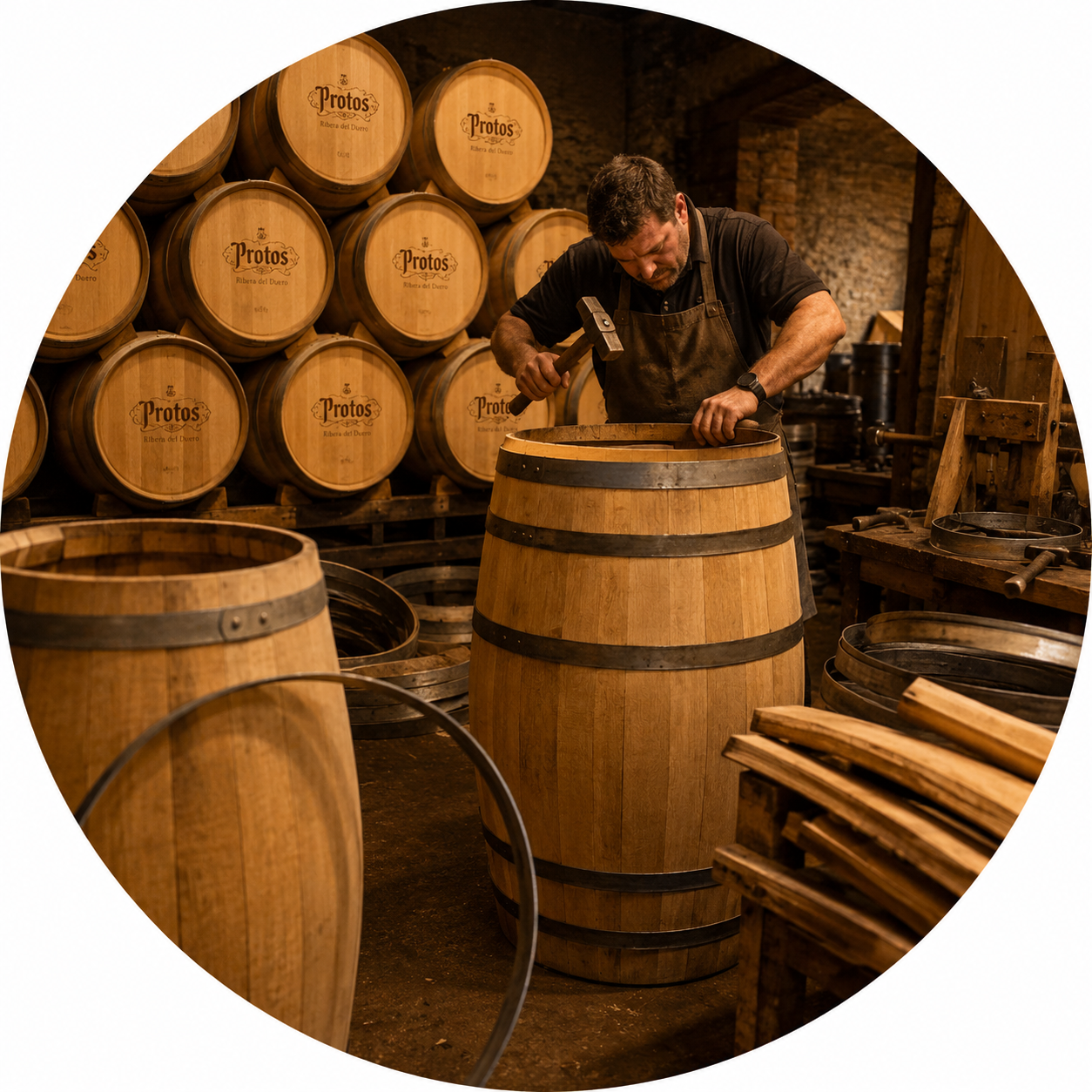 Inside a working cooperage, a cooper bending a 225-litre barrel over open fire